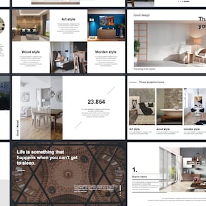May include: A presentation slide deck with various interior design themes. The slides feature text such as "Art style", "Wood style", and "Morden style", along with images of home interiors. The words "Thank you" are also visible.