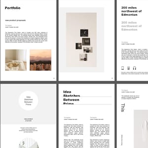 May include: A layout of pages from a portfolio, featuring text and images. The pages include headings like "Portfolio" and "Idea Sketches Between Prime." Images include a dog on a bed and a cityscape.