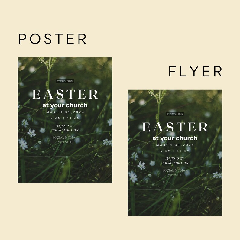 May include: A poster and flyer design for an Easter service at a church. The design features a green and white floral background with the text "Easter at your church" and the date "March 31, 2024".