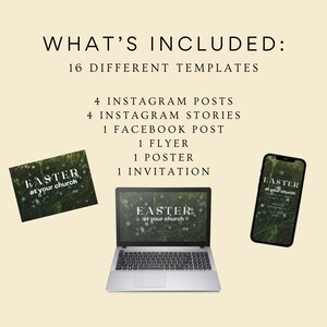 May include: A digital product bundle for Easter featuring 16 different templates for social media and print. The bundle includes 4 Instagram posts, 4 Instagram stories, 1 Facebook post, 1 flyer, 1 poster, and 1 invitation. The templates feature a green and white colour scheme with the text "Easter at your church".