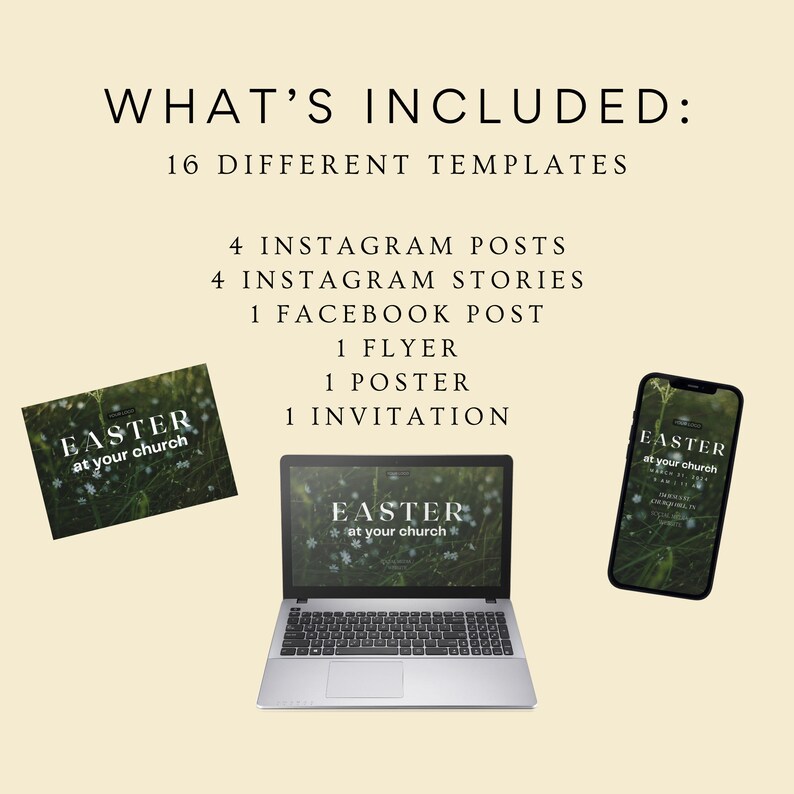 May include: A digital product bundle for Easter featuring 16 different templates for social media and print. The bundle includes 4 Instagram posts, 4 Instagram stories, 1 Facebook post, 1 flyer, 1 poster, and 1 invitation. The templates feature a green and white colour scheme with the text "Easter at your church".