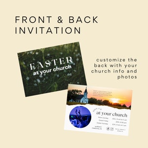 May include: A customisable Easter invitation template featuring a green and white floral background on the front and a sunset church scene with a crowd of people raising their hands in worship on the back. The back also includes the text "Join Us at Your Church" and a schedule of Easter services.