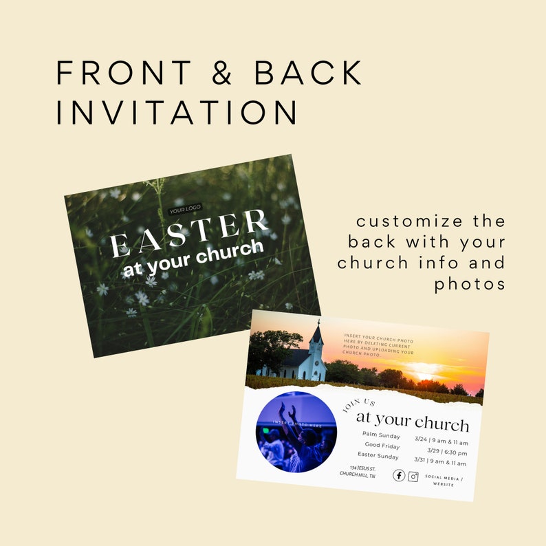 May include: A customisable Easter invitation template featuring a green and white floral background on the front and a sunset church scene with a crowd of people raising their hands in worship on the back. The back also includes the text "Join Us at Your Church" and a schedule of Easter services.
