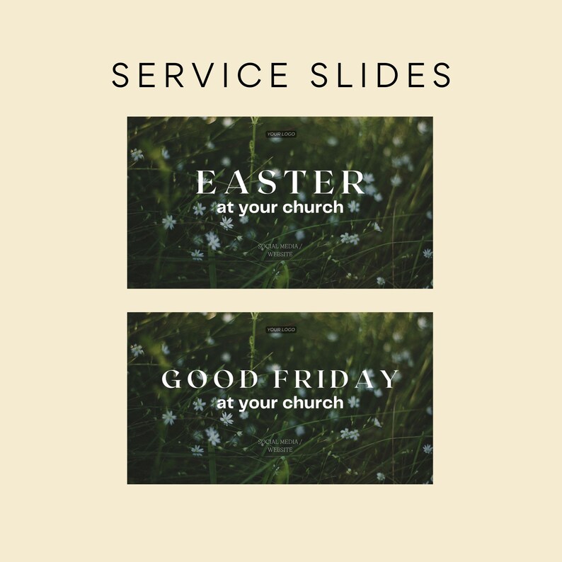 May include: Two service slides for Easter and Good Friday with a green and white floral background. The text reads "Easter at your church" and "Good Friday at your church".