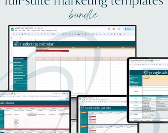 Bundel full-suite marketingsjablonen, sjabloon marketingkalender, sjabloon sociale media, marketingtools voor freelancers, digitale download