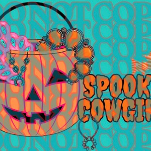 May include: A digital illustration featuring a pumpkin-shaped bag with a jack-o'-lantern face, adorned with jewelry. The words "Spooky Cowgirl" are displayed in orange and brown text. A bat graphic is also present.