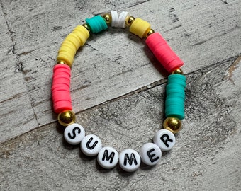 Teal, Bright Pink, Yellow & White Clay Bead Bracelet w/ "SUMMER" Letter Beads
