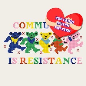 May include: Cross stitch pattern featuring a group of dancing bears with the text "COMMUNITY IS RESISTANCE" and a red heart with the text "PDF CROSS STITCH PATTERN".