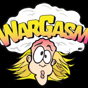May include: Cartoon illustration featuring a surprised face with blonde hair and wide eyes, beneath a cloud-like shape. The word "WARGASM" is written in yellow and orange gradient letters above the face, set against a black background.