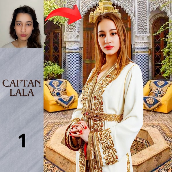 personalized caftan, Custom Portrait caftan, Moroccan digital caftan, Real personalized caftan, Renaissance Portrait