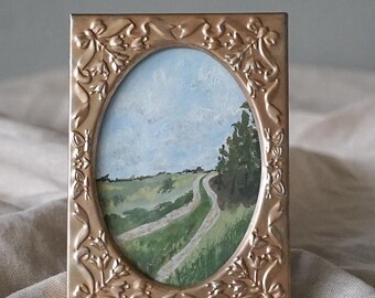 Original Landscape Impressionist Painting Vintage Frame "Meadows No. 2"