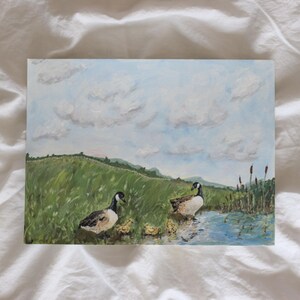 Original Painting &quot;Goose Family&quot; Vintage Landscape Pond Ducks