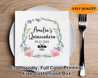 Bulk Custom Quinceanera Napkins/Mis Quince Años Cocktail Napkins/Sweet 16 Sweet 15 Napkins/Birthday Party Napkins/Quinceanera Party Decor