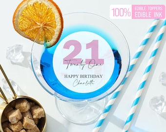 Essbarer klarer 21. Geburtstags-Getränkedeckel, 21. Geburtstags-Cocktail-Topper, essbarer 21. Geburtstagskuchendeckel, alles Gute zum Geburtstag Party-Idee