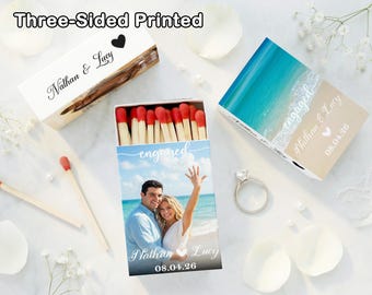 Engaged! Triple-Sided Matchbox with Couple Photo | Personalized Matchbook Favors for Engagement Party  |  Bridal Shower Guest Gift