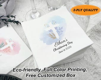 Servilletas de bautismo con cruz floral personalizadas/Servilletas de cena personalizadas para recepción de bautismo/Servilletas de bebidas con nombre para el día del bautizo de niño o niña