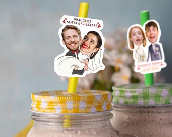 Canudos personalizados com rostos para casamento, lembrancinhas de festa personalizadas.
