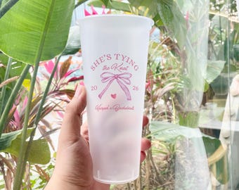 She’s Tying the Knot Bachelorette Frosted Cups/Custom Pink Bow Bachelorette Disposable Cup/Personalized Cocktail Cup for Bridal Shower Party
