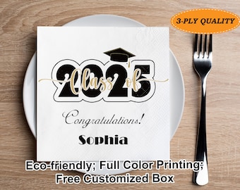 Personalized Class of 2025 Graduation Napkins | BULK Custom Graduation Cap Napkins For Party Decor | Grad Party Drink Napkins | Fold Napkins