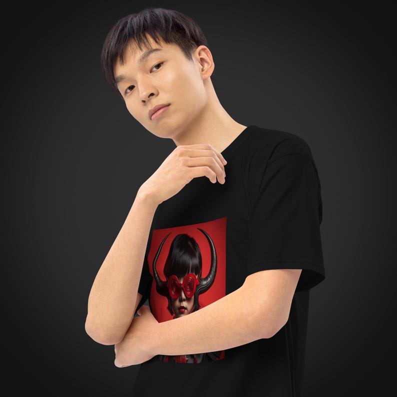 May include: A black t-shirt with a graphic print of a woman with red roses over her eyes and black horns. The woman has black hair and is wearing a black shirt.