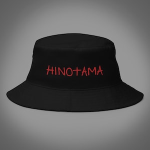 May include: Black bucket hat with red embroidered text that reads "HINOTAMA"