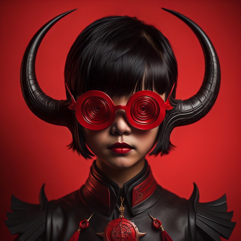 May include: A person with black hair and red lipstick wears a black leather jacket with red accents and large black horns. They are wearing red circular glasses with a swirling pattern.