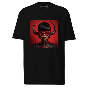 May include: Black t-shirt with a red graphic of a person wearing red horned glasses and a red horned headdress against a red background. The text "HINOTAMA" is printed on the back of the shirt.
