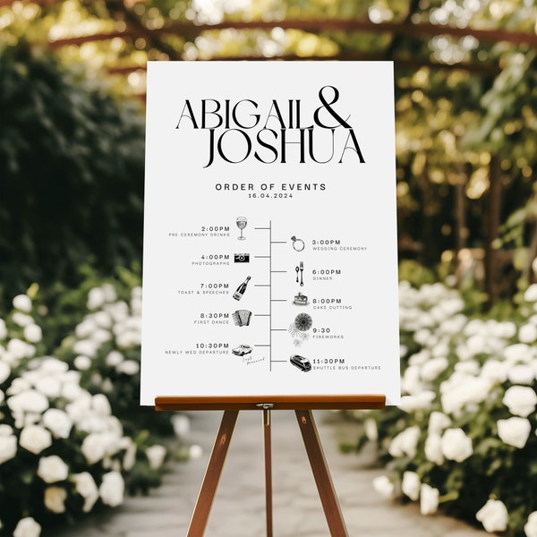 Minimalist Order of Events Icons, Wedding Sign, Event timeline, Printable Sign, Editable Template, Print at home, Wedding Timeline Icons