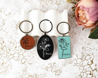 Custom Birth Flower Leather Keychain, Engraved Floral Keyring