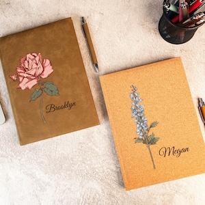 Custom Birth Flower Sketchbook, Leather Artist Sketchbook, Gift for Her, Birthday Gift, Unlined Journal, Birth Flower Journal, Flower Design
