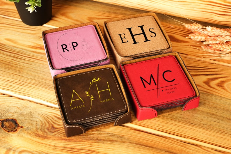 Engraved Leather Coaster Set, Personalized Round Coasters, Housewarming Gift image 7