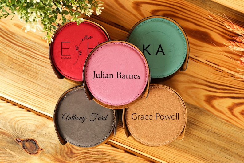 Engraved Leather Coaster Set, Personalized Round Coasters, Housewarming Gift image 10