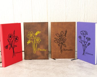 Personalized Birth Flower Engraved Journal, Customized Leather Journal, Birth Month Flower Journal, Birthday Gift, Floral Design Journal