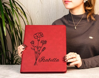 Custom Zipper Portfolio Birth Flower, Birth Month Flower Zipper Portfolio, Personalized Refillable Notebook, Personalized Gift, Gift For Her