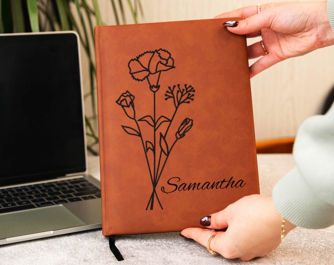 Birth Flower Engraved Sketchbook, Custom Leather Sketchbook, Blank Journal, Gift for Her, Birth Month Flower, Birthday Gift, Unlined Journal