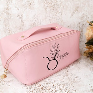 Custom Zodiac Sign Makeup Bag, Leather Toiletry Bag, Custom Astrology Gift, Birthday Gift for Her, Zodiac Cosmetic Bag, Women's Makeup Bag