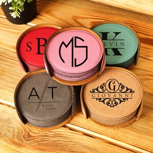 Engraved Leather Coaster Set, Personalized Round Coasters, Housewarming Gift image 1
