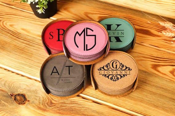 Custom Name Engraved Leather Coaster Set, Leather Round Coaster, Personalized Housewarming Gift, Coffee Mug Coaster, Coffee Cup Coaster Set