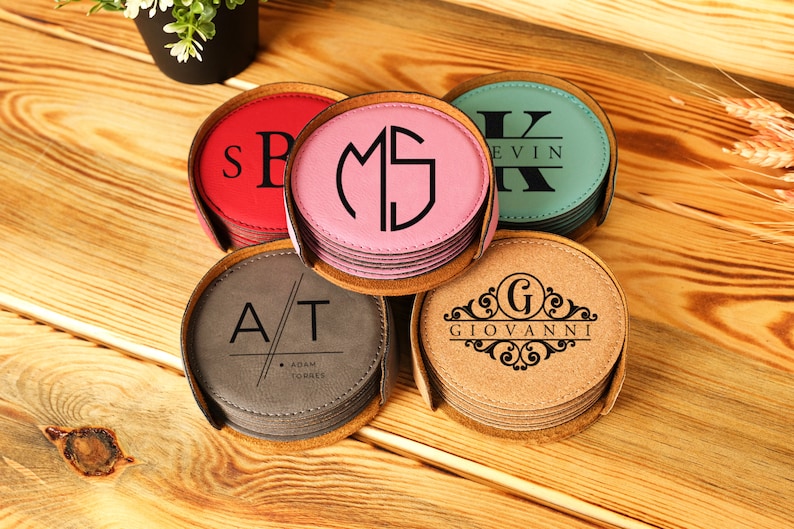 Engraved Leather Coaster Set, Personalized Round Coasters, Housewarming Gift image 1