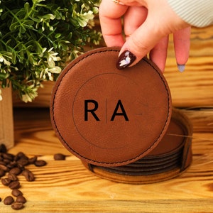 Engraved Leather Coaster Set, Personalized Round Coasters, Housewarming Gift image 4