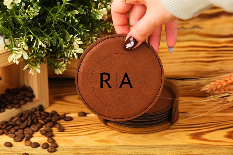 Engraved Leather Coaster Set, Personalized Round Coasters, Housewarming Gift image 4