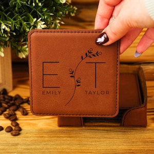 Engraved Leather Coaster Set, Personalized Round Coasters, Housewarming Gift image 2