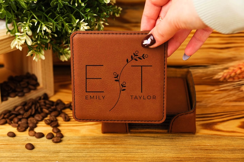 Engraved Leather Coaster Set, Personalized Round Coasters, Housewarming Gift image 2