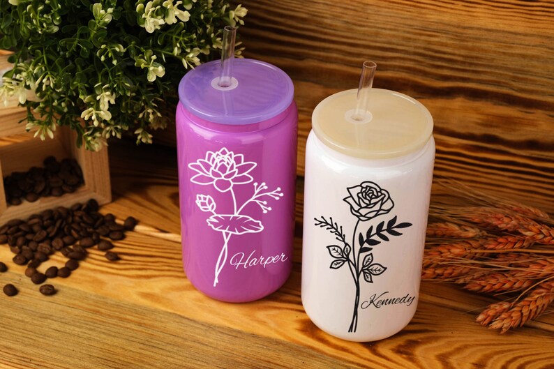 Birth Flower Iced Coffee Glass Cup With Lid and Straw, Personalized ...