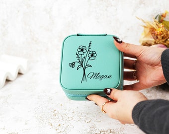 Birth Flower Jewelry Box, Wedding Bridesmaid Gifts, Leather Birth Flower Jewelry Case, Travel Jewelry Organizer, Birthday Gift for Her