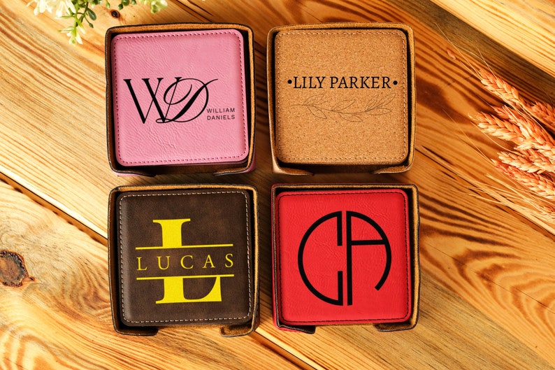 Engraved Leather Coaster Set, Personalized Round Coasters, Housewarming Gift image 9