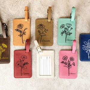 Birth Flower Luggage Tag, Custom Luggage Tag, Birth Flower Leather Luggage ID, Travel Accessories, Suitcase Tag, Travel Gifts, Birthday Gift