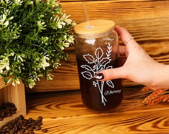 Birth Flower Iced Coffee Glass Cup with Lid and Straw, Personalized Gift