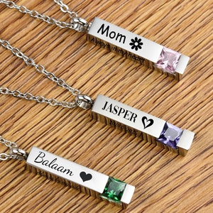 Custom Birthstone Urn Necklace for Human and Pet Ashes, Cremation Memorial Jewelry,4 Sides Bar Vertical Pendant Necklace,Urn Keepsake Holder
