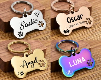 Placa de identificación personalizada con forma de hueso para perros: placa de acero inoxidable grabada para mascotas.